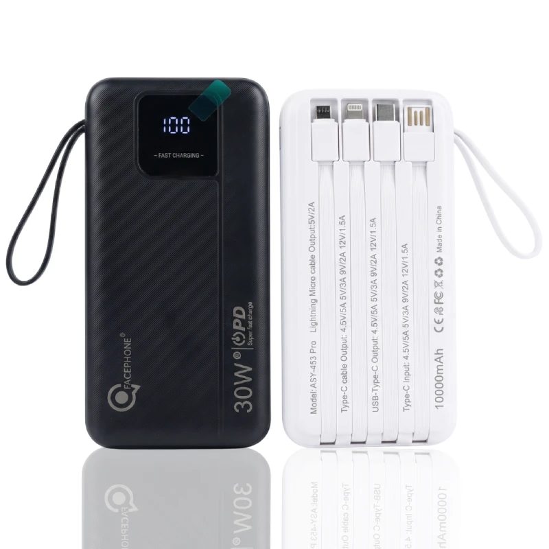 FACEPHONE ASY-453 Pro – Power Bank 10000mAh 30W PD avec 4 câbles intégrés
